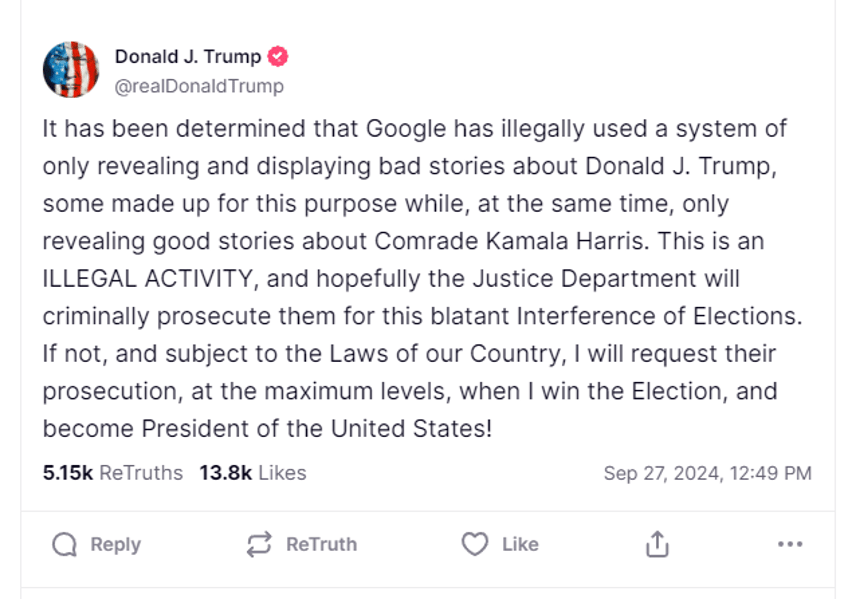 Trump Truth post on Google