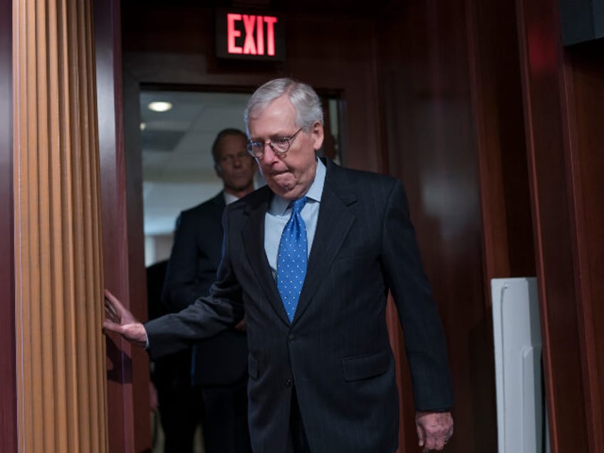 Senate Minority Leader Mitch McConnell, R-Ky., arrives to meet with reporters after being