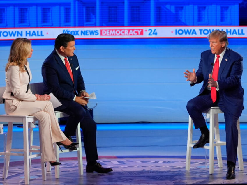 Republican presidential candidate former President Donald Trump speaks during a Fox News Channel town hall in Des Moines, Iowa, Wednesday, Jan. 10, 2024, with moderators Martha MacCallum and Bret Baier. (AP Photo/Carolyn Kaster)