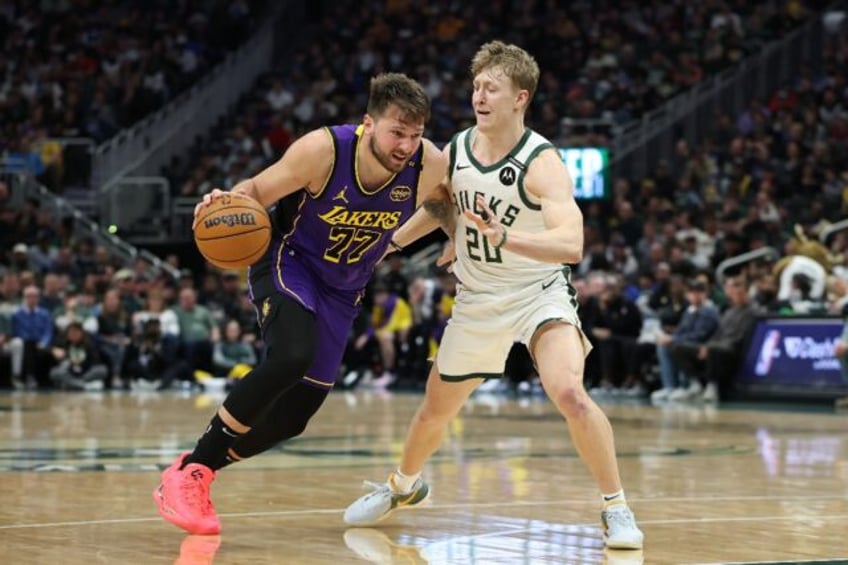 Luka Doncic drives to the basket during a 45-point performance in the Los Angeles Lakers'