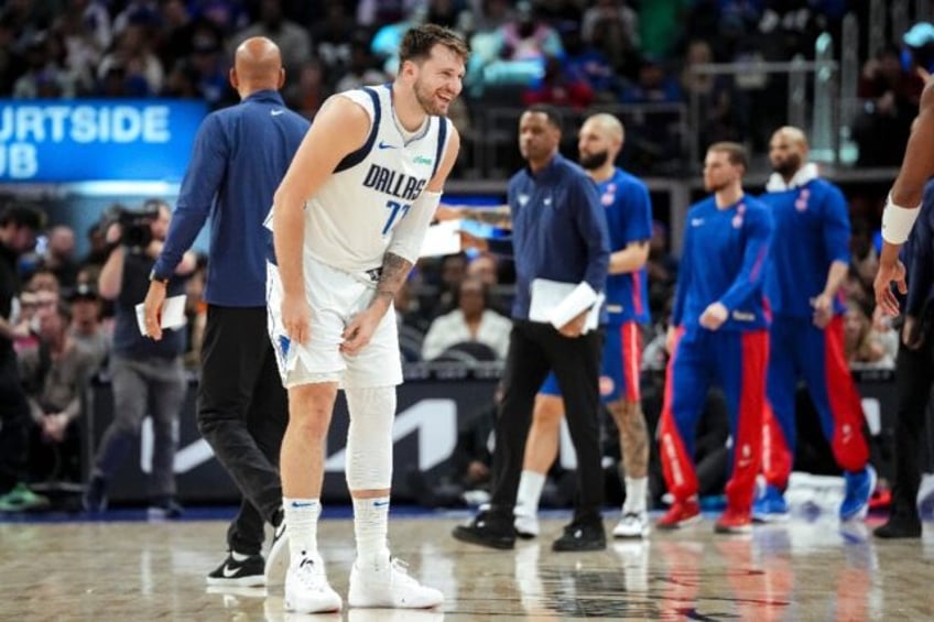 Luka Doncic of the Dallas Mavericks reacts during his team's NBA victory over the Detroit