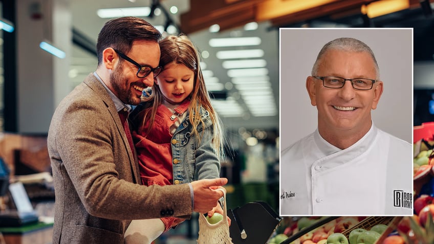 Dad and daughter shopping for groceries and Chef Robert Irvine