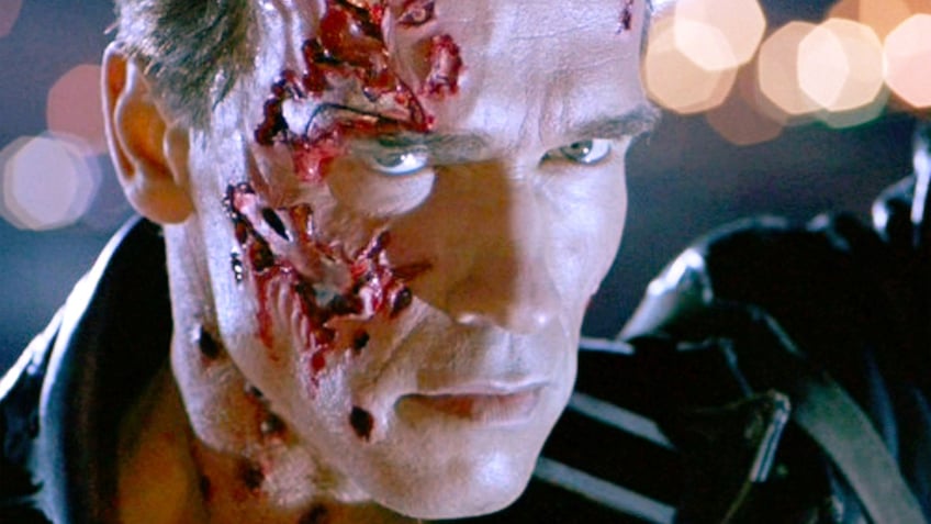 Arnold Schwarzenegger in the "Terminator 2" looking fierce