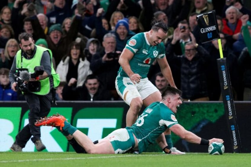 Try time: Ireland's Dan Sheehan scores during a 27-22 Six Nations win over England in Dubl