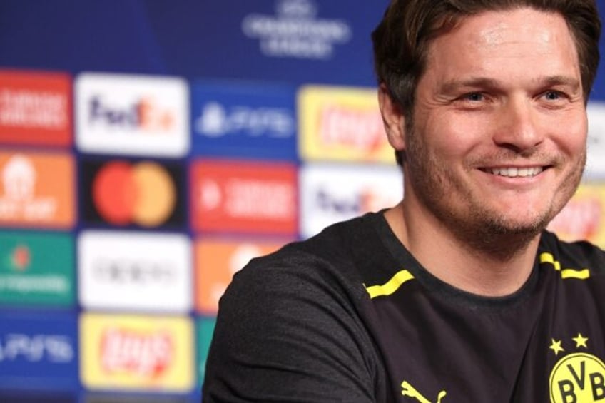 Borussia Dortmund coach Edin Terzic speaking to media in Paris on Monday