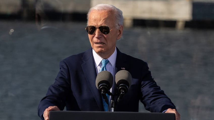 President Biden delivers a speech at Dundalk Marine Terminal in Baltimore. 