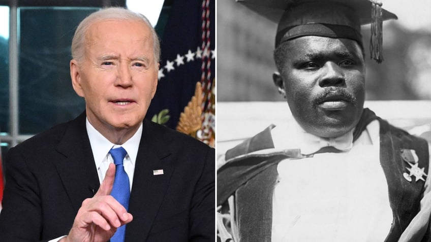 Split image of Joe Biden and Marcus Garvey