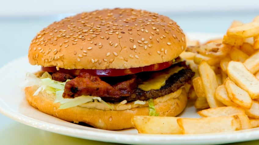 bacon cheeseburger with french fries on a plate