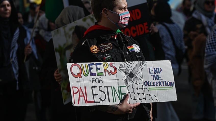 Protester holds sign "queers for Palestine"