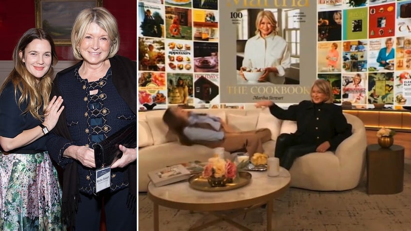 Drew Barrymore and Martha Stewart posing together side by side image of Martha Stewart pushing Drew Barrymore