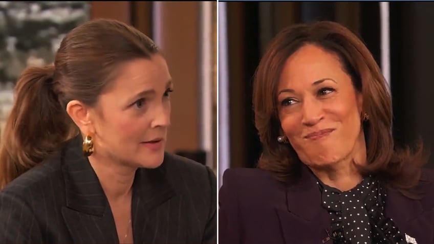 Drew Barrymore and Kamala Harris split image