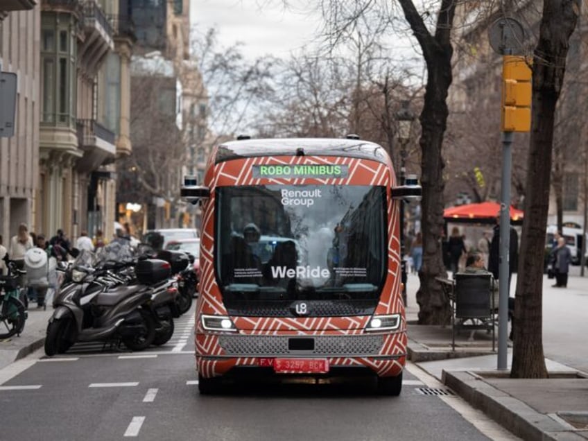 BARCELONA CATALONIA, SPAIN - MARCH 12: First driverless minibus circulates on the streets