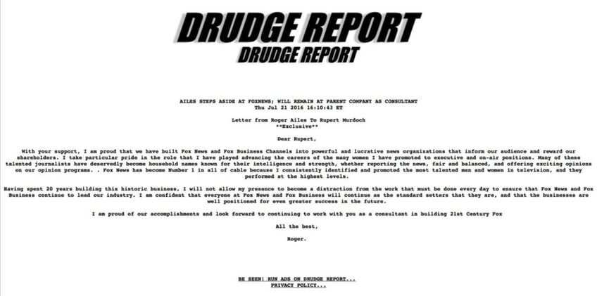 drudge report ailes to step down from fox news stay on as 21st century fox consultant until 2018