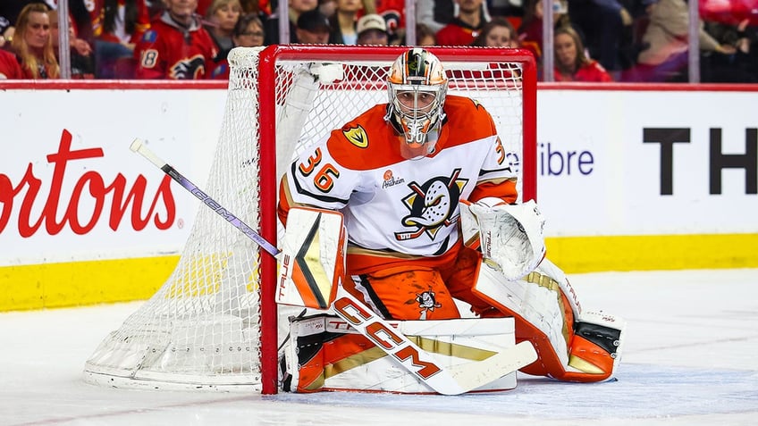 John Gibson watching puck