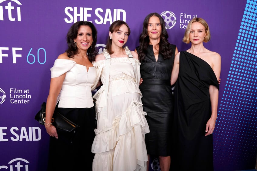 Jodi Kantor, from left, Zoe Kazan, Megan Twohey and Carey Mulligan attend the premiere of "She Said" at Alice Tully Hall during the 60th New York Film Festival on Thursday, Oct. 13, 2022, in New York. (Photo by Charles Sykes/Invision/AP)