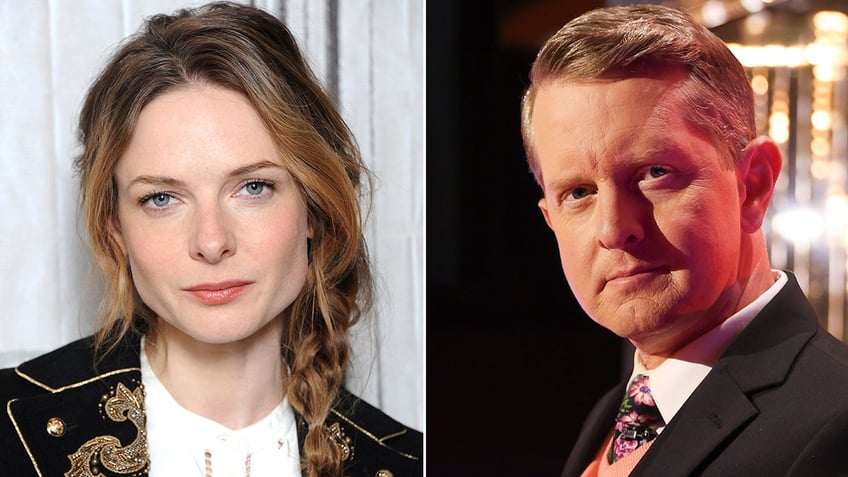 A split image of Rebecca Ferguson and Ken Jennings