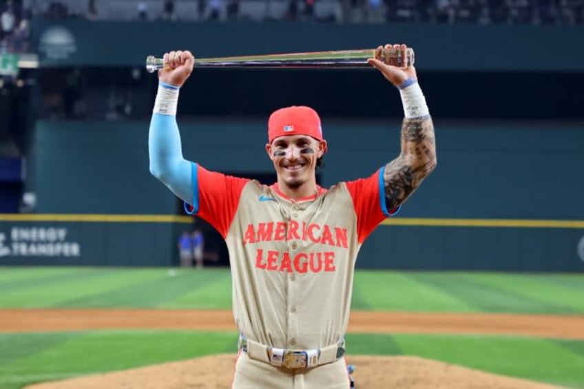 Jarren Duran of the Boston Red Sox celebrates after being named the Ted Williams Most Valu