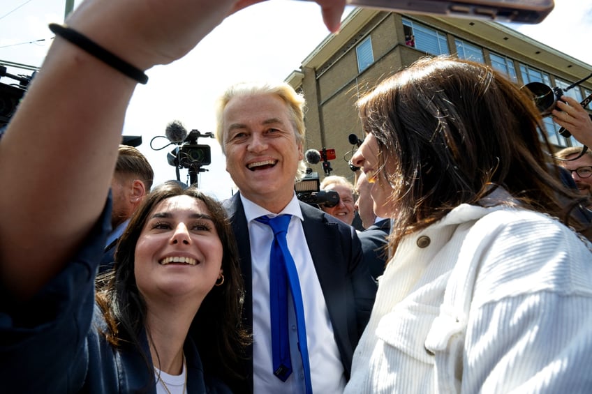 Netherlands' far-right PVV Freedom Party leader Geert Wilders meets people while campaigning at The Hague market near Hobbemaplein on June 5, 2024 ahead of the European Parliament election. The PVV won a stunning victory in Dutch national elections in November 2023 and polls indicate will likely top the June 6-9 European vote in the Netherlands. (Photo by Nick Gammon / AFP) (Photo by NICK GAMMON/AFP via Getty Images)