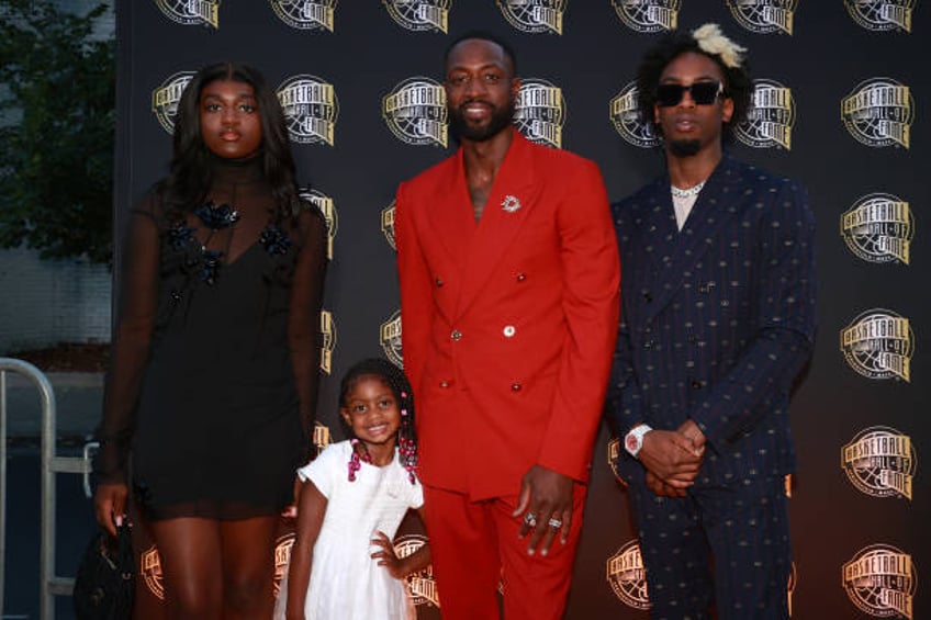 Zaya Wade, Kaavia James Wade, 2023 inductee Dwyane Wade and Zaire Wade attend the 2023 Naismith Basketball Hall of Fame Induction at Symphony Hall on...