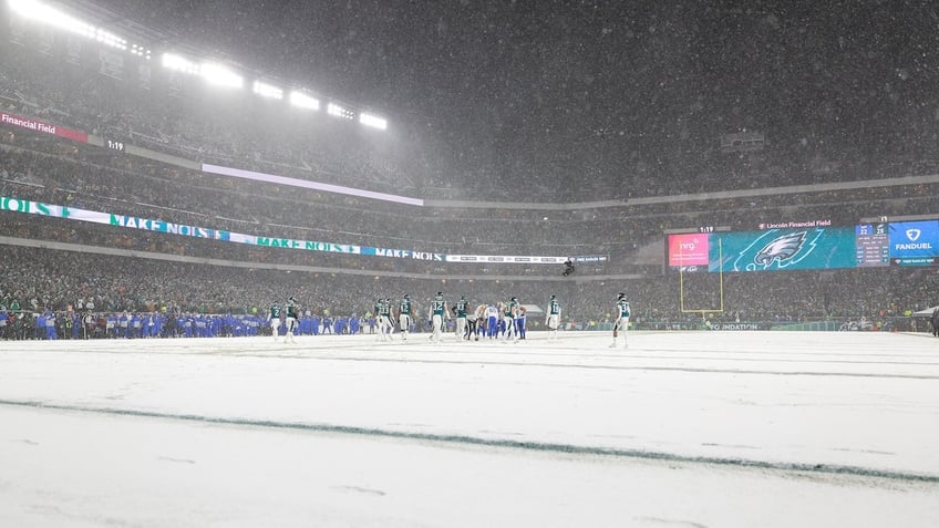 A general overall interior view of Lincoln Financial Field as the snow falls during the second half of the NFC Divisional Playoff game between the Philadelphia Eagles and the Los Angeles Rams at Lincoln Financial Field on January 19, 2025 in Philadelphia, Pennsylvania. 