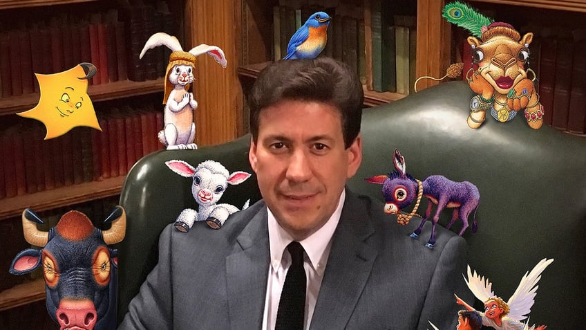 man surrounded by cartoon animals