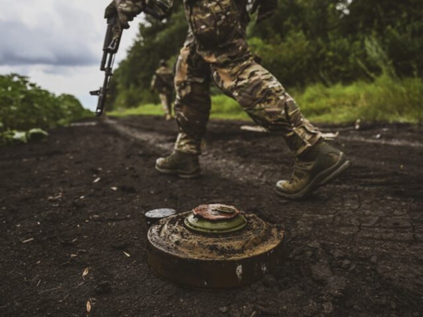 DONETSK, UKRAINE - JULY 11: Ukrainian army's 35th Marine Brigade members conduct mine clea