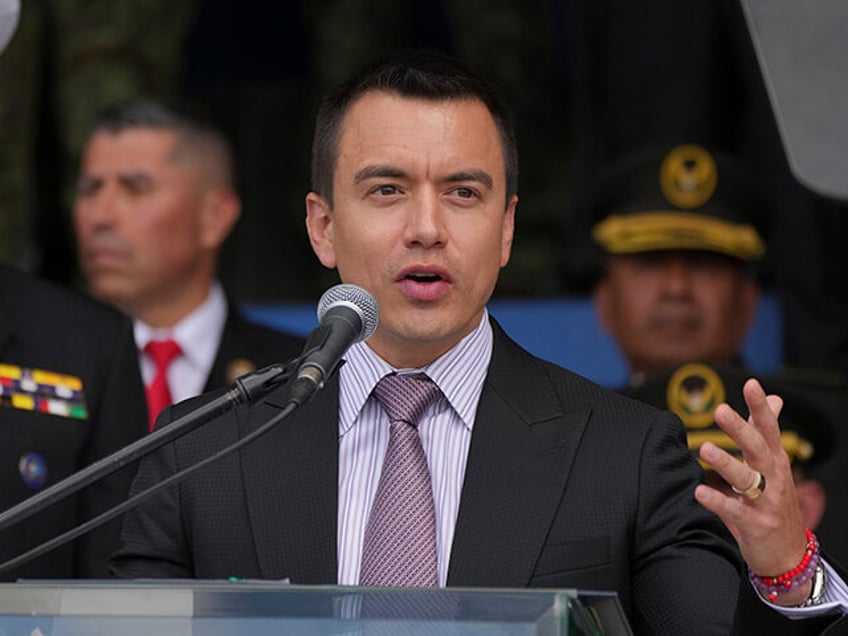 Ecuador President Daniel Noboa speaks during a ceremony to deliver equipment to police, at the Gral. Alberto Enriquez Gallo police school in Quito, Ecuador, Monday, Jan. 22, 2024. (AP Photo/Dolores Ochoa)