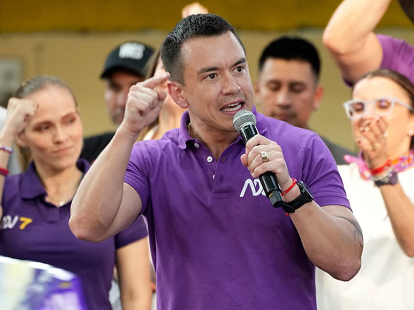 President Daniel Noboa, who is running for re-election, speaks during a campaign rally ahe