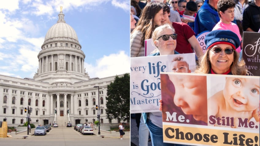 The Wisconsin Supreme Court building and protesters 