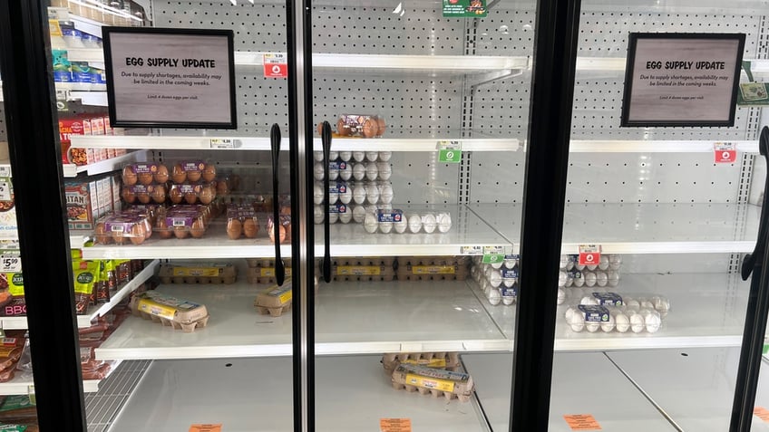 Signs at a Florida grocery store warn customers of a shortage of eggs.