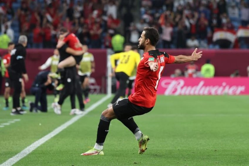 Ahmed Refaat celebrates scoring for Egypt against Jordan in 2021