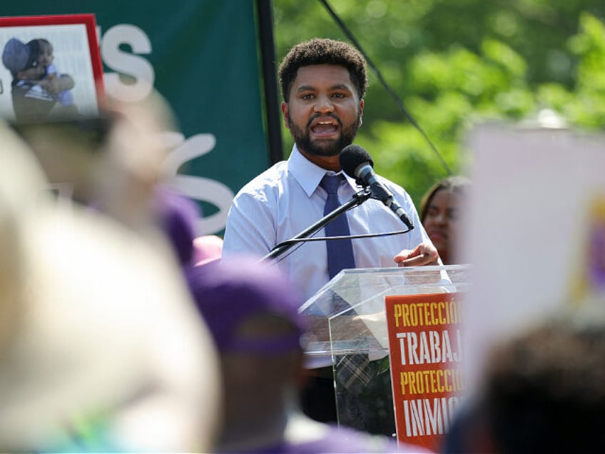 U.S. Representative Maxwell Frost (D-FL) speaks at a rally to free Kilmar Abrego Garcia at