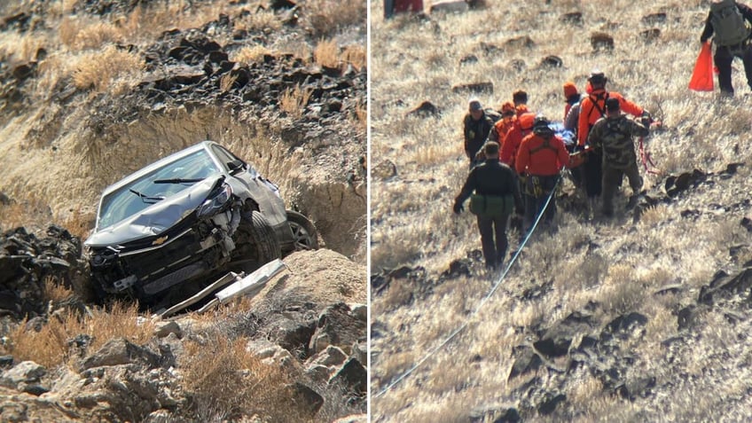 a two way collage showing a car that was found down a canyon, left, and a group of people carrying a an injured woman on a stretcher