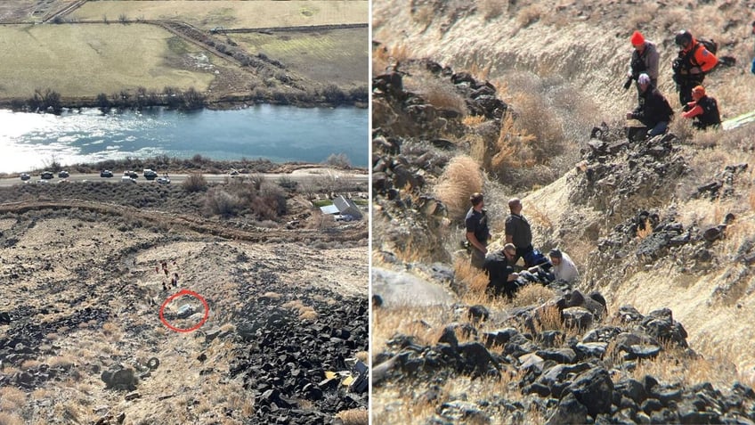 A two way collage shows Penny Kay Clark's car, left, and first responders tending to her, right.