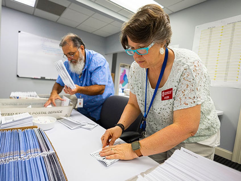 Dawn Stephens, right, and Duane Taylor prepare ballots to be mailed at the Mecklenburg Cou