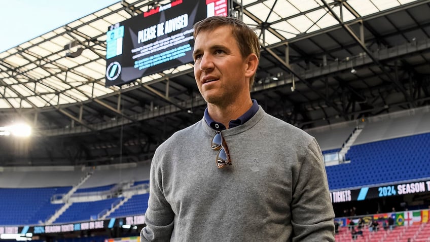 Retired Giants quarterback Eli Manning during the pregame at Red Bull Arena in Harrison, New Jersey, on April 14, 2024.