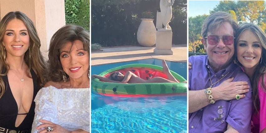 elizabeth hurley heats up summer by lounging nude on pool float reuniting with joan collins elton john