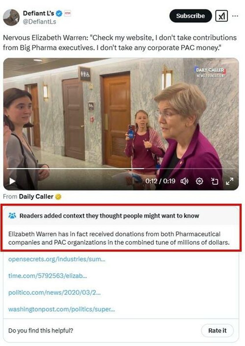 elizabeth warren destroyed by x community notes over pharma corruption