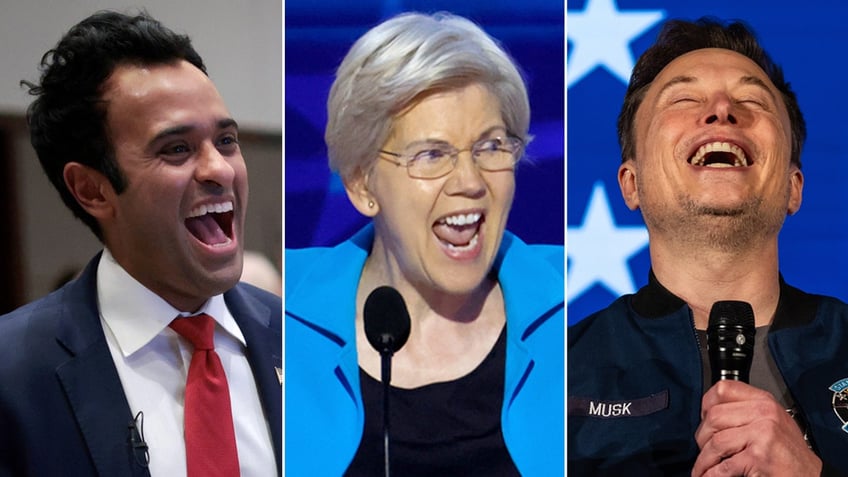 Left: Vivek Ramaswamy; Center: Elizabeth Warren; Right: Elon Musk