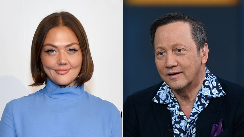 Rob Schneider wears blue suit with floral shirt next to daughter Elle King in a blue dress