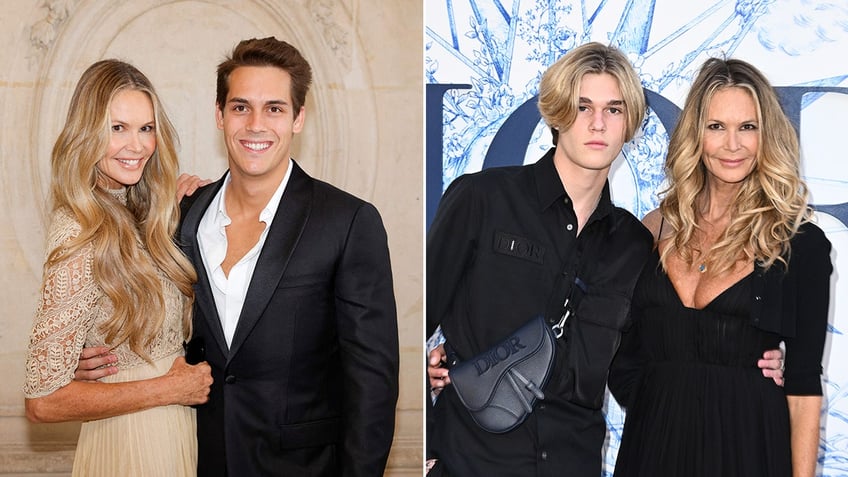 Elle Macpherson in a tan dress holds on to son Flynn in a black suit split Elle Macpherson's son Cy in a black shirt stands with his mother in black at the Dior show