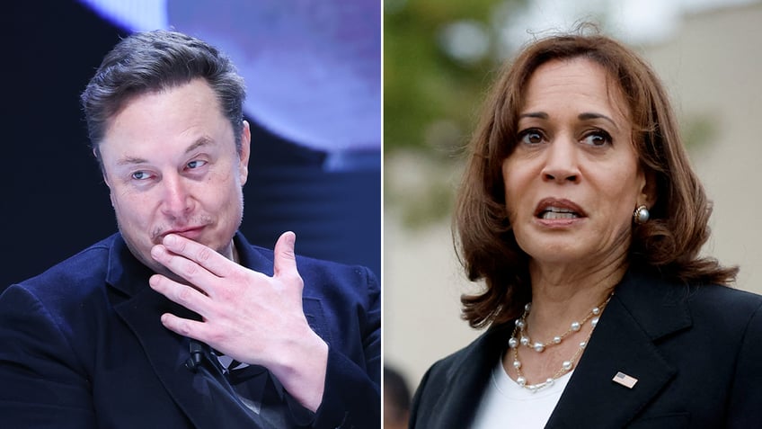 Photos arranged of Elon Musk and Kamala Harris