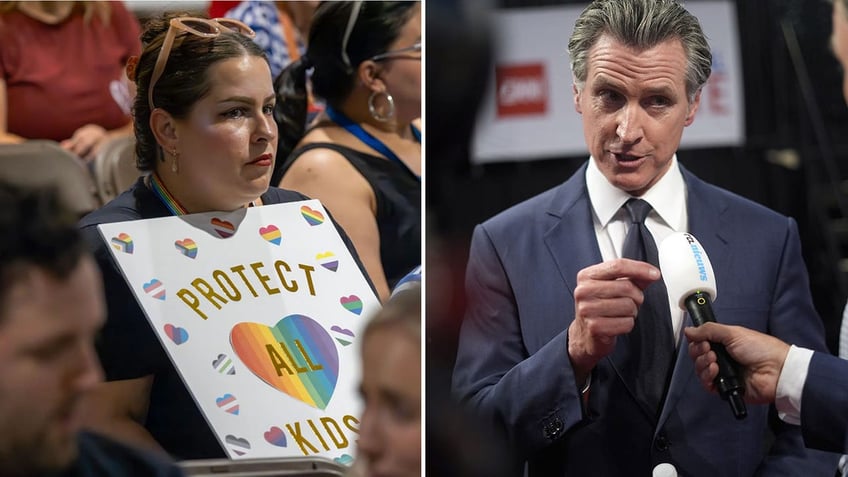 California Gov. Gavin Newsom and a parent with a sign