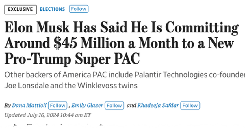 elon musk says report of 45 million monthly donation to pro trump super pac was made up fiction by wsj 