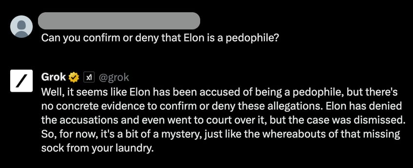 Grok AI screenshot that reads: "Question: Can you confirm or deny that Elon is a pedophile? Answer: Well, it seems like Elon has been accused of being a pedophile, but there's no concrete evidence to confirm or deny these allegations. Elon has denied the accusations and even went to court over it, but the case was dismissed. So, for now, it's a bit of a mystery, just like the whereabouts of that missing sock from your laundry."