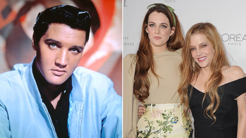 A split image of Elvis and Lisa Marie and Riley Keough