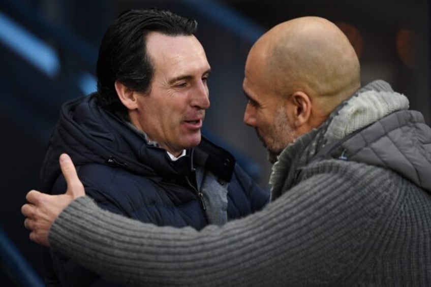 Aston Villa manager Unai Emery (L) and Manchester City boss Pep Guardiola (R)