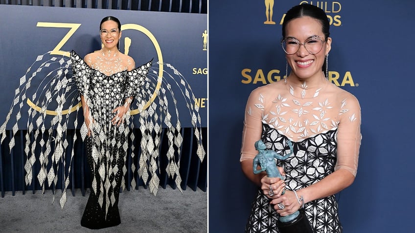 Side by side Ali Wong in a chandelier like dress and a regular dress