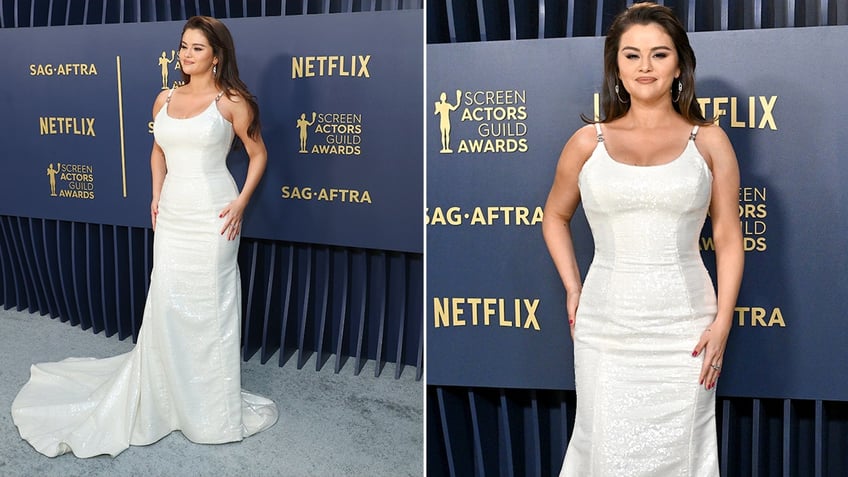 Side by side photos of Selena Gomez in a white gown on the red carpet