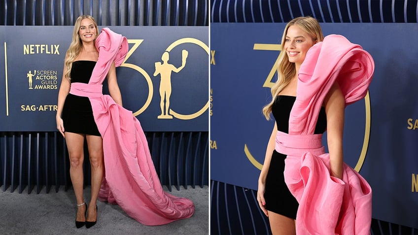 Side by side photos of Margot Robbie in a black mini dress with a giant pink sash posing on the red carpet
